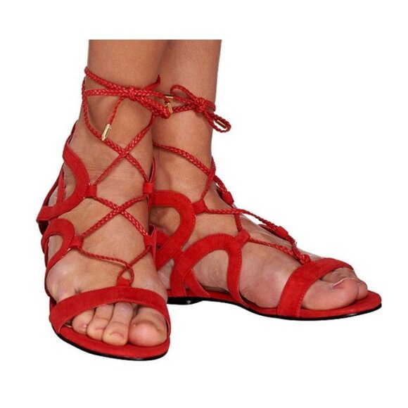 Marc Fisher Red Suede Sandals Shoes Gladiator Lace Up Back Zip Size 7 - Picture 2 of 8